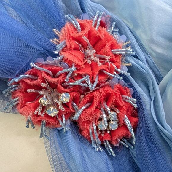 Talbot Runhof Grecian Blue One Shoulder Draped Gown Floral Embellishments Sz 12 - Picture 7 of 15